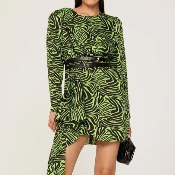 Rent the runway size 4 low cut ronny kobo zebra print green dress ruffle animal - Picture 1 of 9